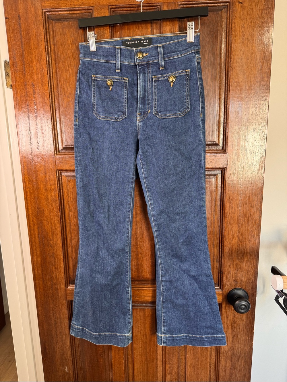 Veronica Beard Dark Blue Denim Flare Jeans with Gold Buttons